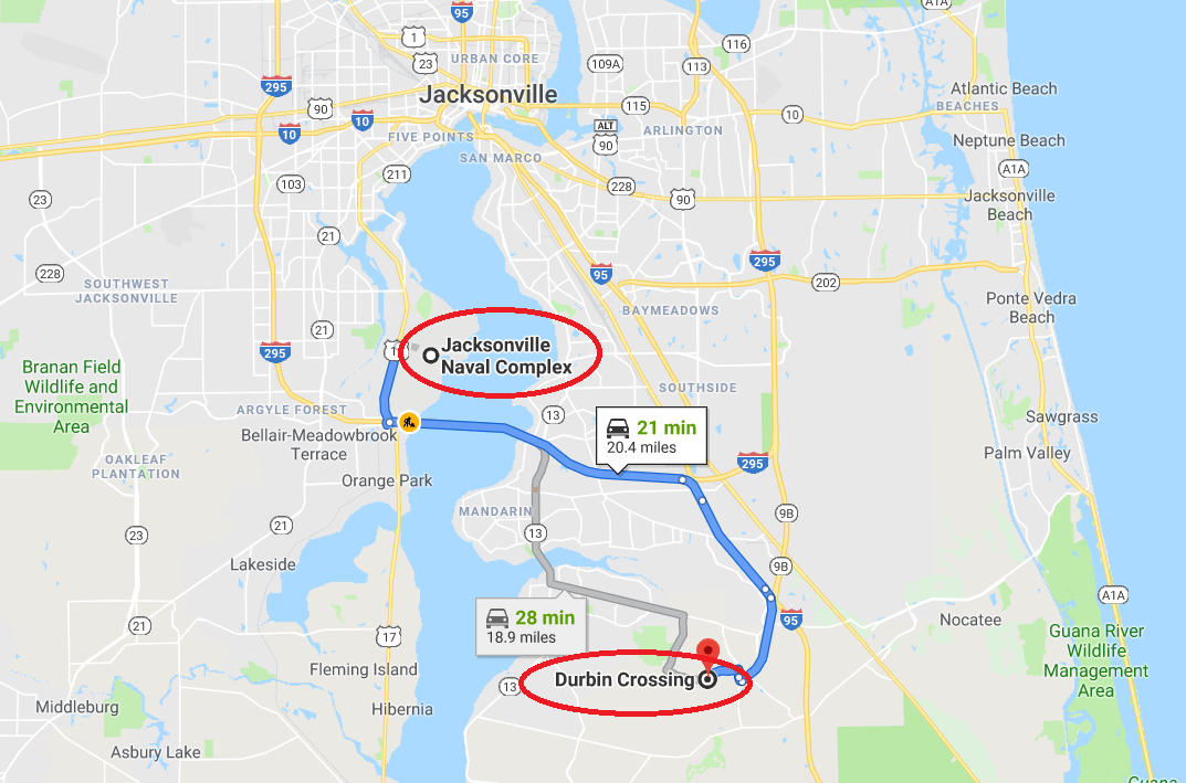 jacksonville naval base to durbin crossing map